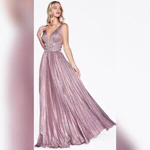 Sleeveless Diamond Pink Shimmer Pleated Gown
